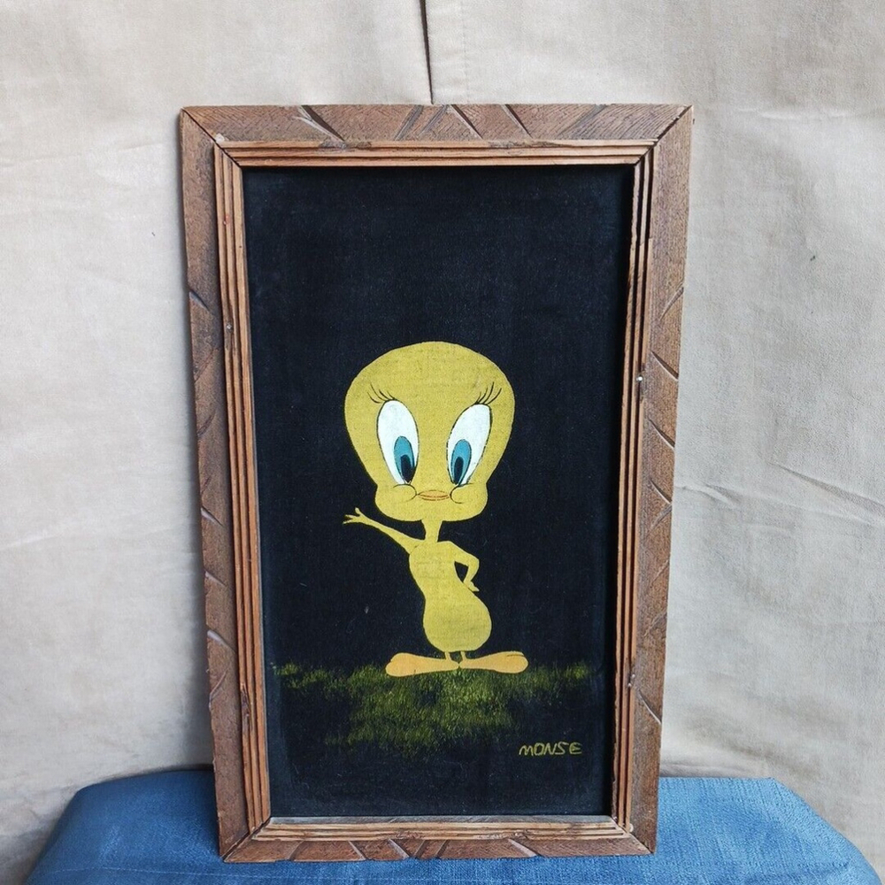 Vintage Tweety Bird Velvet Painting Monse Mexico Signed